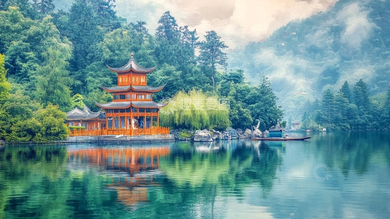 高清大图下载【趣麦麦图】水中楼亭