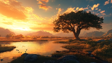 草原暮色映山水