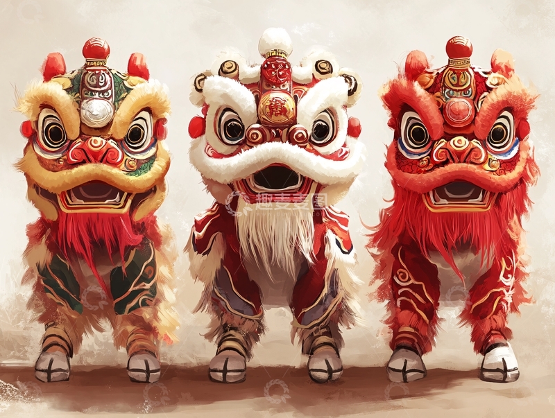 高清大图下载【趣麦麦图】舞狮包装插画1