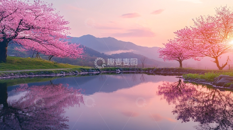 高清大图下载【趣麦麦图】樱花水塘风光