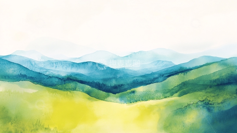 高清大图下载【趣麦麦图】水彩画山峰群山远山