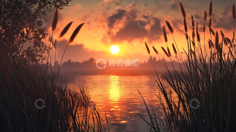 高清大图下载【趣麦麦图】池塘日出全景图1