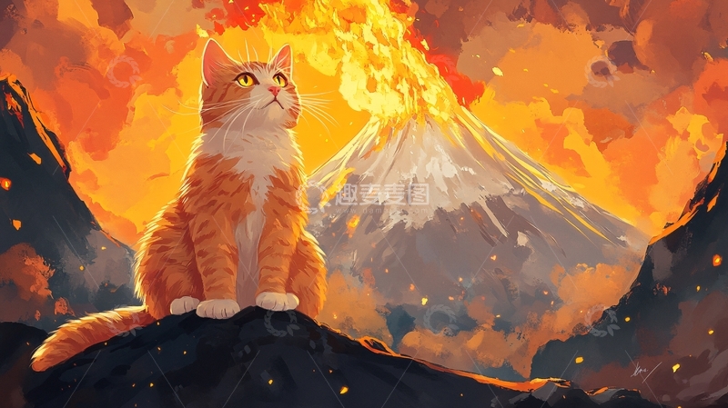 高清大图下载【趣麦麦图】猫在火山爆炸面前1