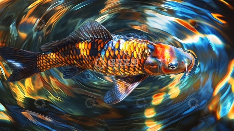高清大图下载【趣麦麦图】-活鲤水面游动