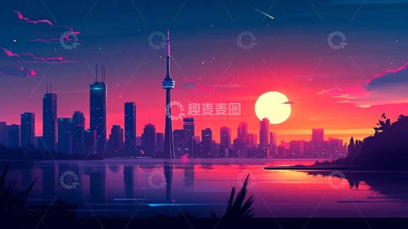 高清大图下载【趣麦麦图】日落城市插画5