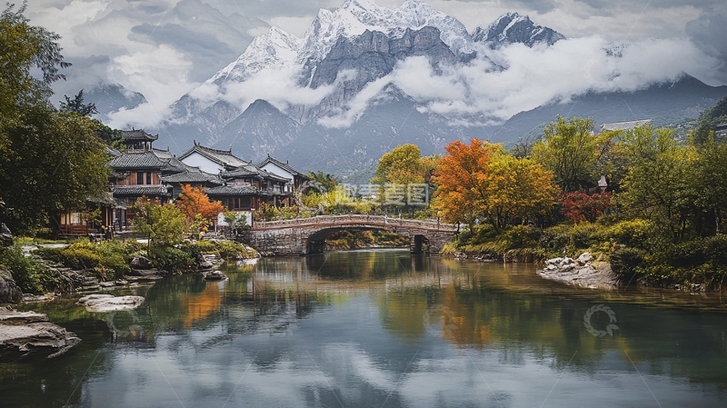 高清大图下载【趣麦麦图】古桥秋色