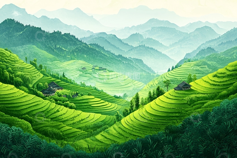 高清大图下载【趣麦麦图】茶园风光插画
