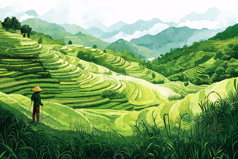 高清大图下载【趣麦麦图】水稻梯田插画