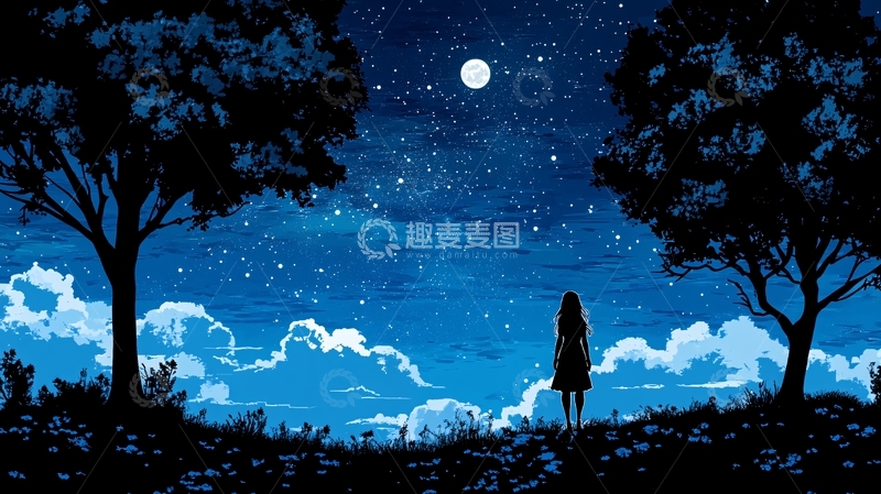 高清大图下载【趣麦麦图】月光插画月光下1