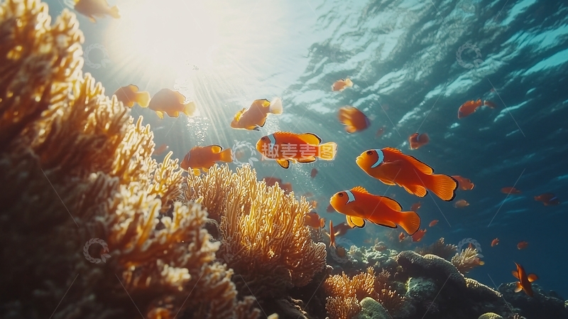 高清大图下载【趣麦麦图】高清珊瑚礁前鱼群游动