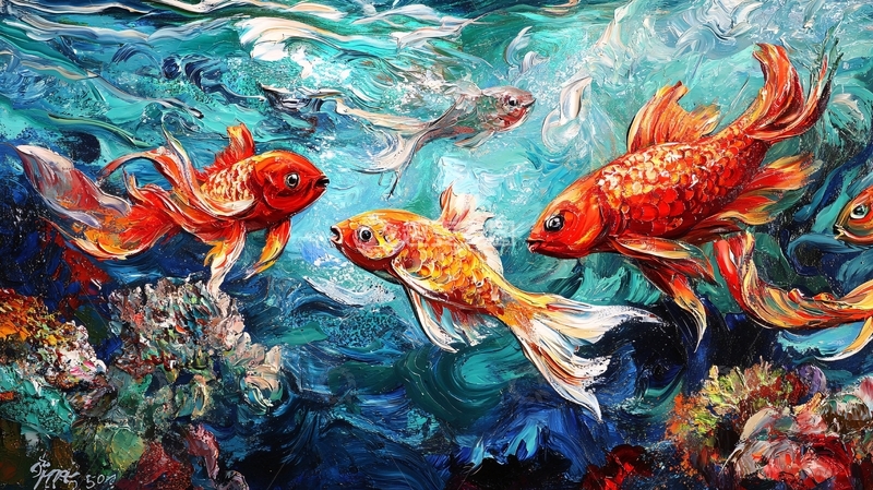 高清大图下载【趣麦麦图】锦鲤戏水油画