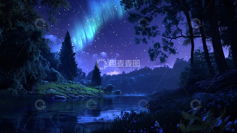 高清大图下载【趣麦麦图】极光森林湖泊夜空