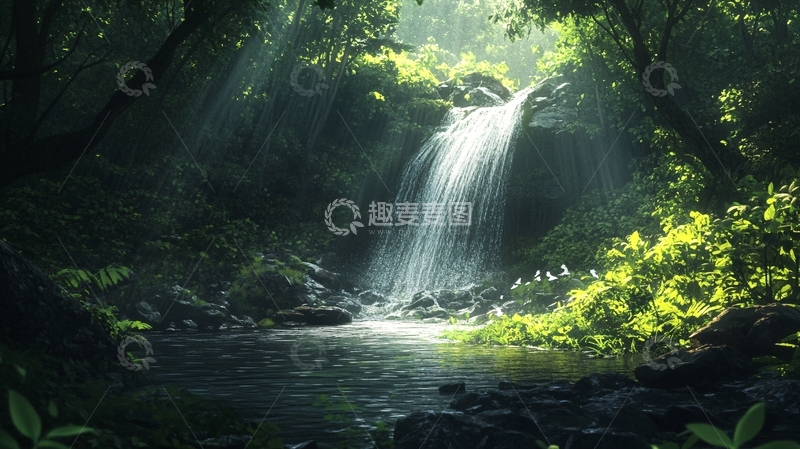 高清大图下载【趣麦麦图】春天竹林瀑布晨曦唯美1