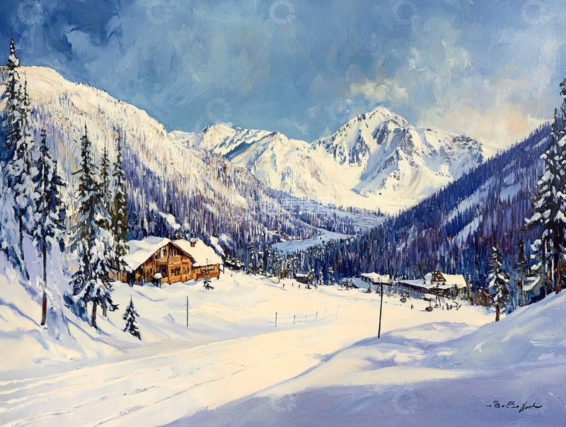 高清大图下载【趣麦麦图】冬天的山村油画