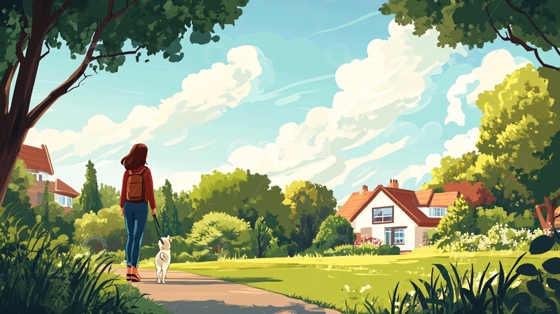 高清大图下载【趣麦麦图】遛狗插画