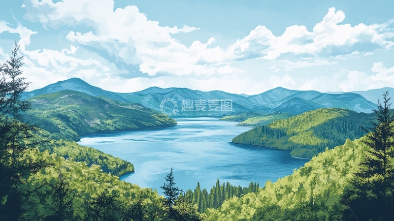 高清大图下载【趣麦麦图】喀纳斯湖插画