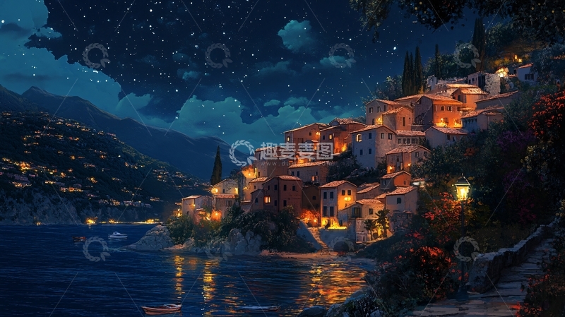 高清大图下载【趣麦麦图】海边小镇夜色