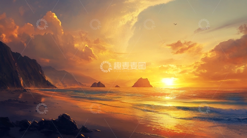 高清大图下载【趣麦麦图】海边夕阳落日余晖背景