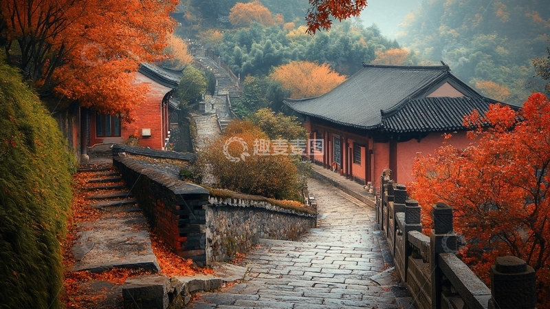 高清大图下载【趣麦麦图】中式民居红枫树1