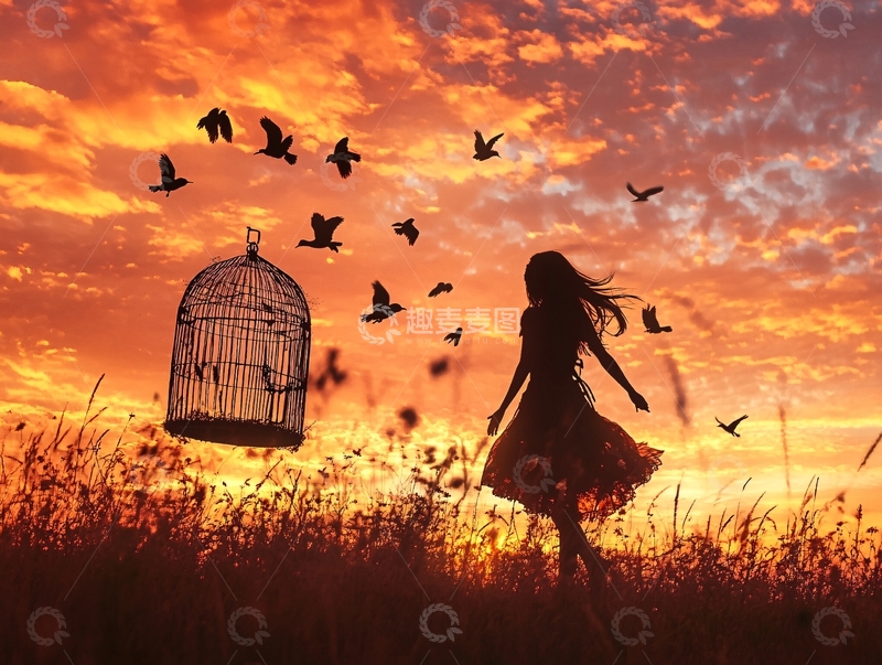 高清大图下载【趣麦麦图】鸟儿与少女