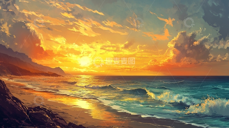 高清大图下载【趣麦麦图】海边日落油画2
