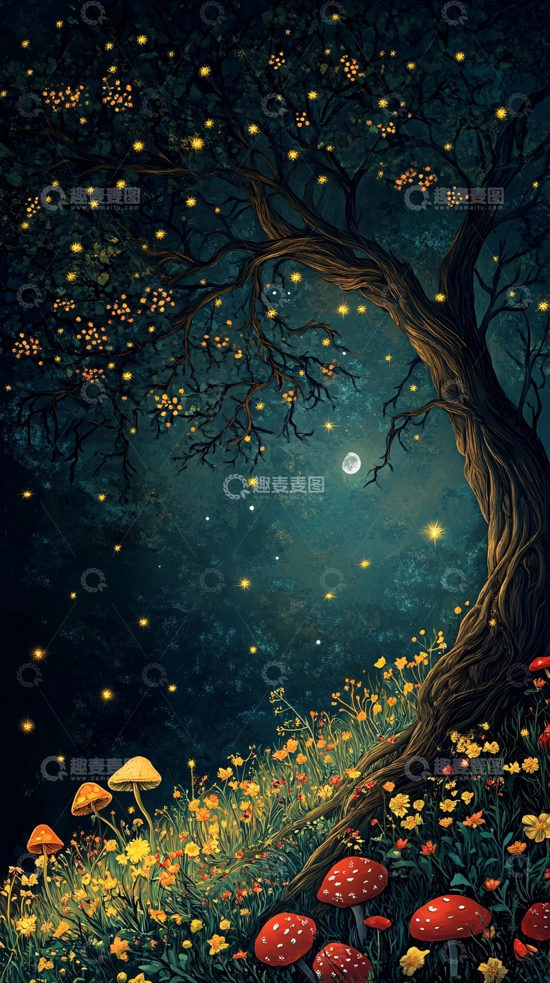 高清大图下载【趣麦麦图】月色夜色梦幻森林背景