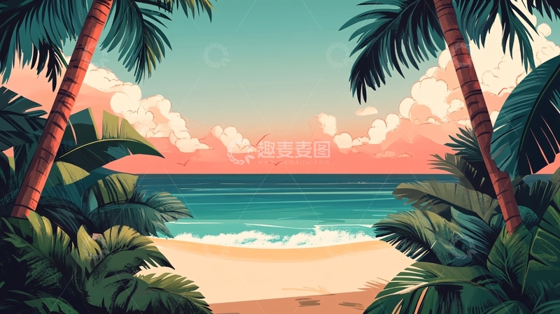 高清大图下载【趣麦麦图】海边落日插画1