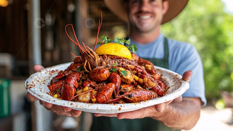 高清大图下载【趣麦麦图】中年男厨师端小龙虾