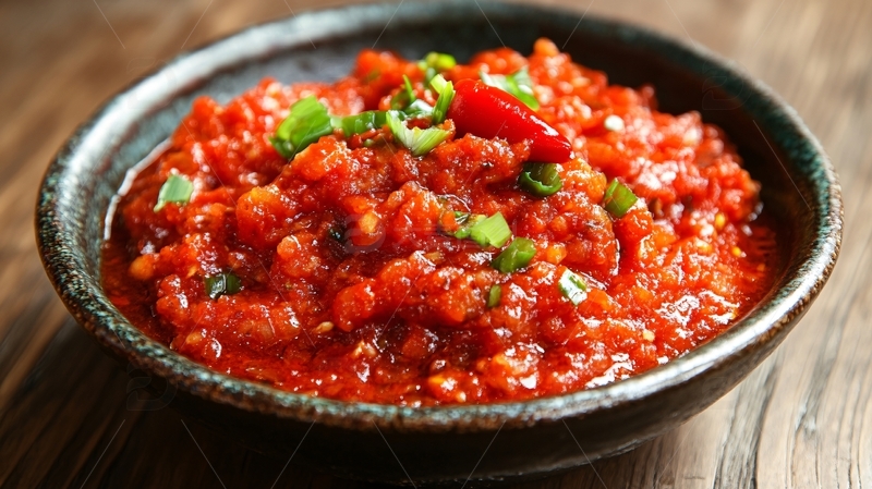 木底上放着一碟辣椒酱