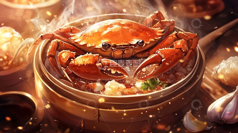 高清大图下载【趣麦麦图】蟹煲插画