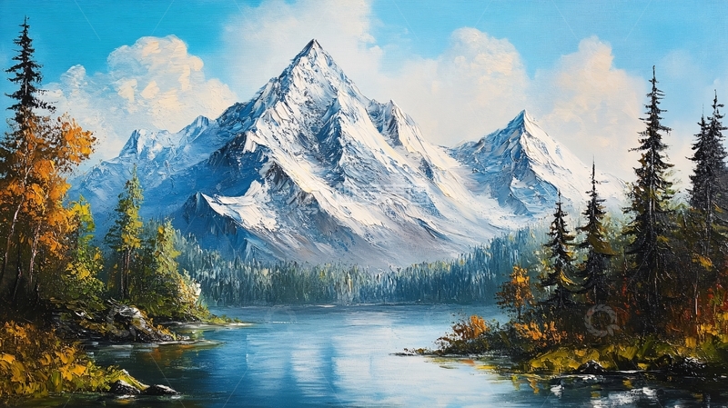 高清大图下载【趣麦麦图】雪山河流油画