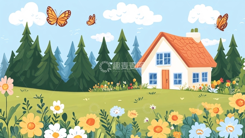 高清大图下载【趣麦麦图】春季森林花丛木屋