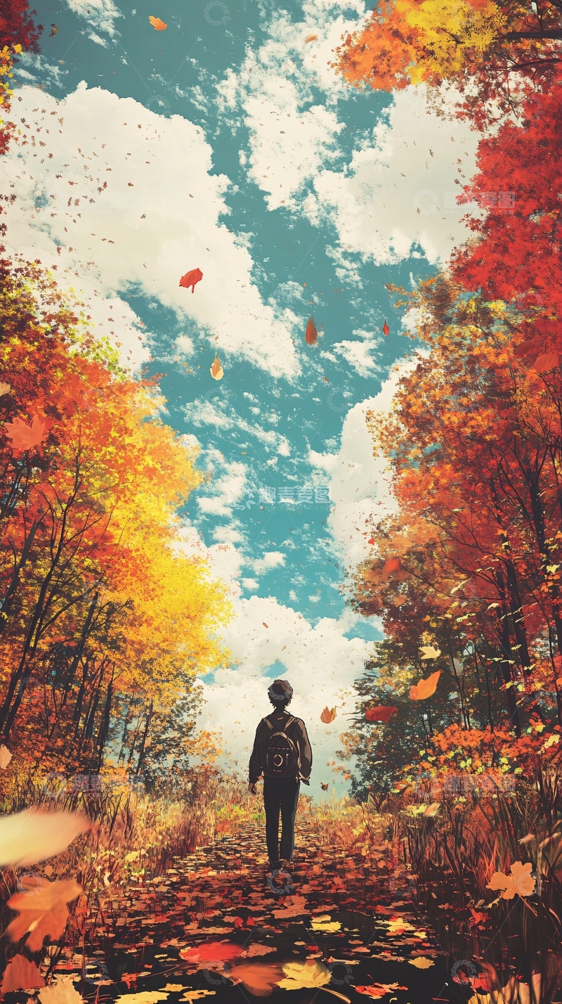 高清大图下载【趣麦麦图】金色树叶小路落叶行人
