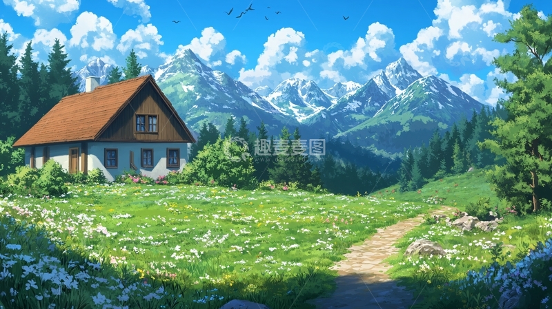 高清大图下载【趣麦麦图】森林小屋高山草场
