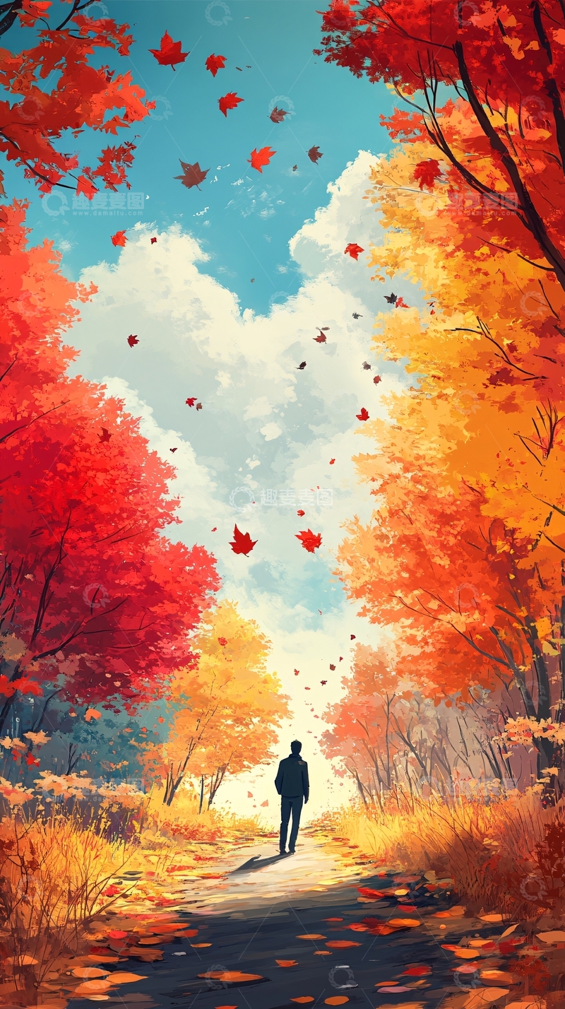 高清大图下载【趣麦麦图】金色树叶小路落叶行人1