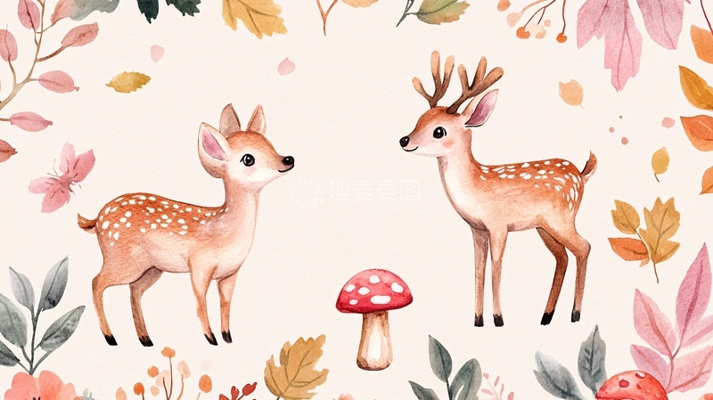 高清大图下载【趣麦麦图】创意手绘梅花鹿插画