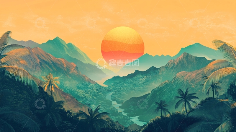 高清大图下载【趣麦麦图】日出风景插画