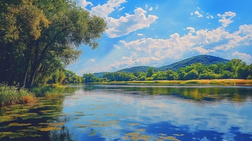 蓝天白云河流森林