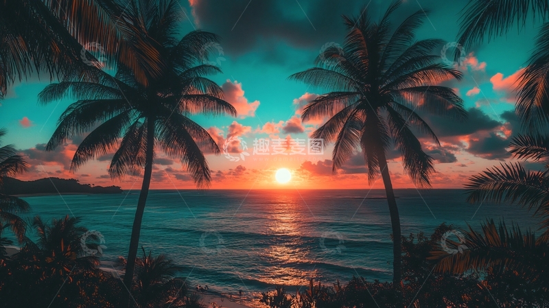 高清大图下载【趣麦麦图】海边夕阳椰树
