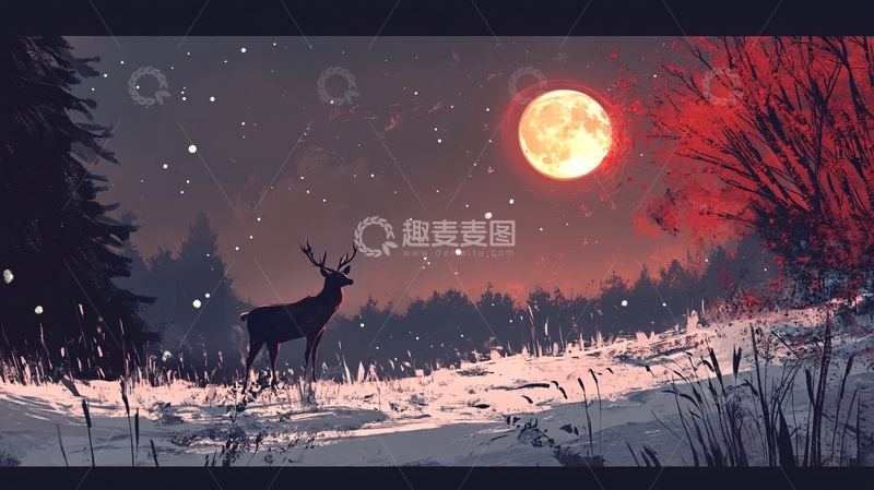高清大图下载【趣麦麦图】创意唯美麋鹿风景画