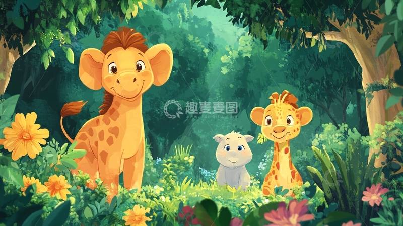 高清大图下载【趣麦麦图】动物园长颈鹿男孩女孩