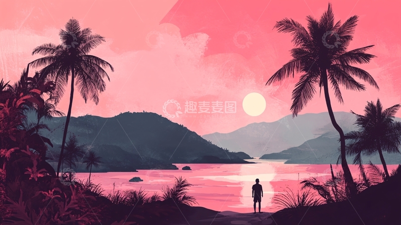 高清大图下载【趣麦麦图】海边落日插画2