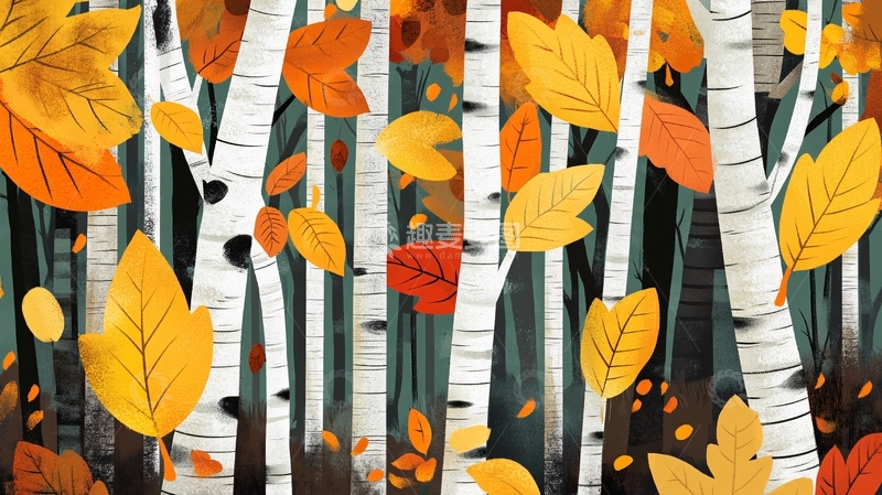 高清大图下载【趣麦麦图】白桦林插画