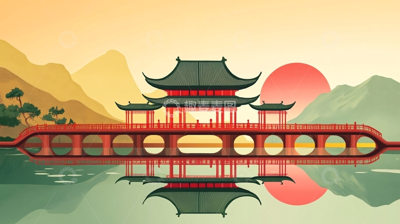 高清大图下载【趣麦麦图】五亭桥插画