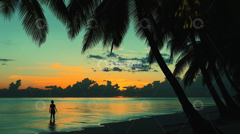 高清大图下载【趣麦麦图】海边暮色人影