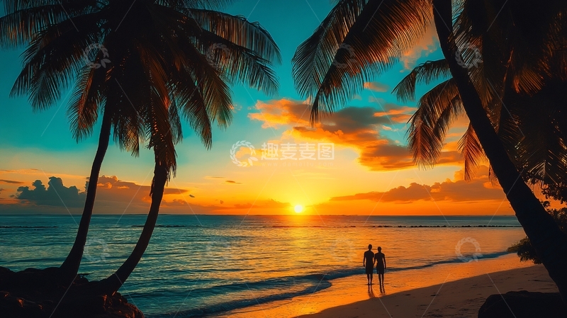 高清大图下载【趣麦麦图】海边夕阳椰树2