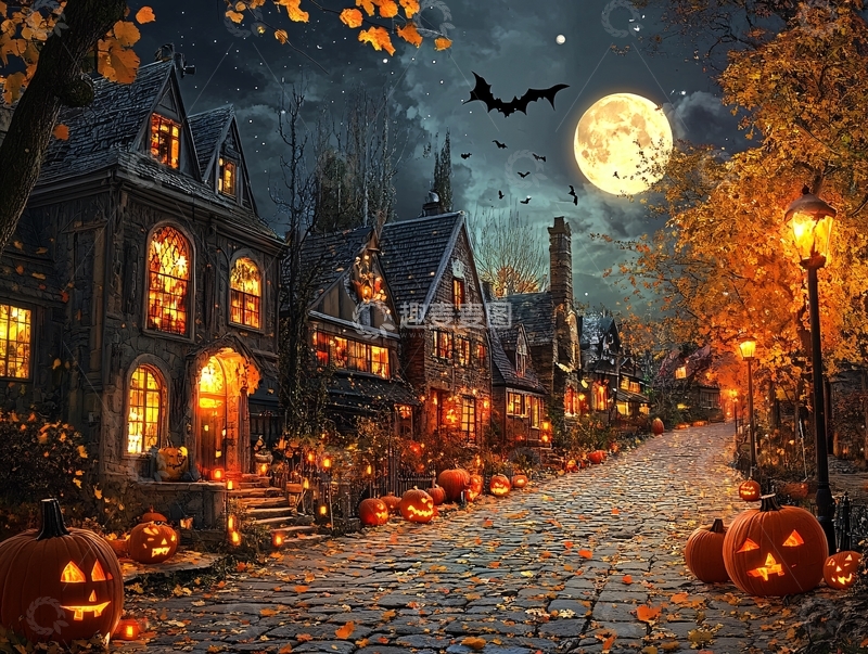 高清大图下载【趣麦麦图】万圣节南瓜小镇黑暗1