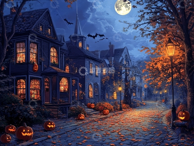 高清大图下载【趣麦麦图】万圣节南瓜小镇街道