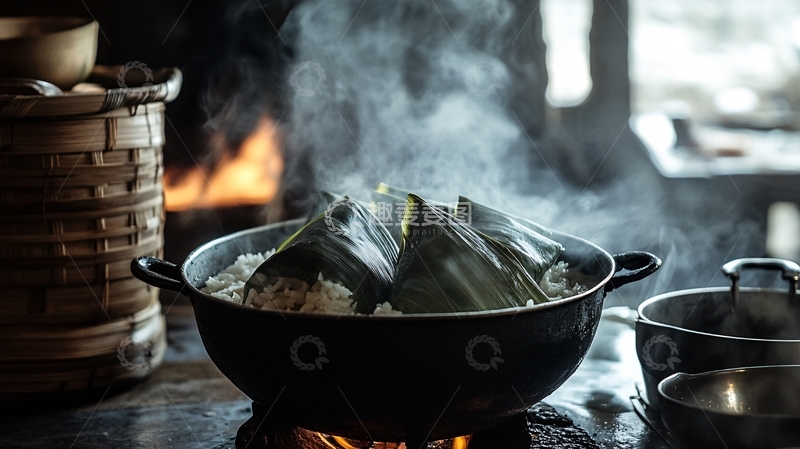 高清大图下载【趣麦麦图】竹叶包裹粽子蒸煮1