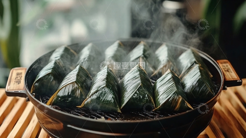 高清大图下载【趣麦麦图】竹叶包裹粽子蒸煮